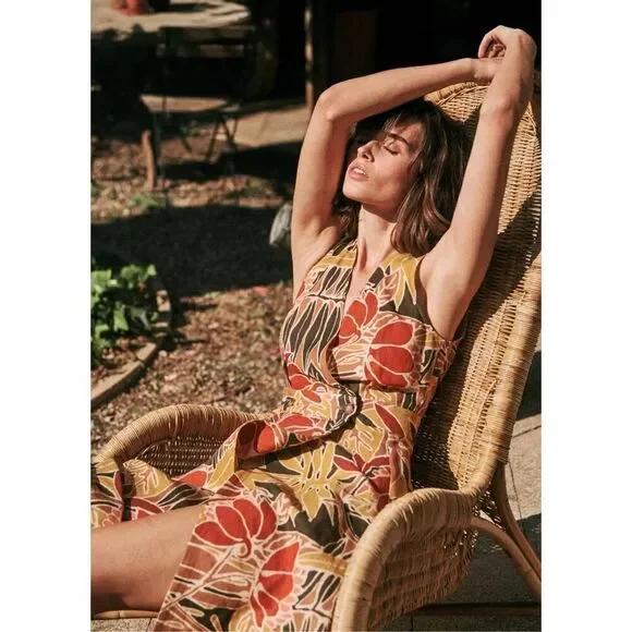 Sezane Women’s Mathilda Linen Blend Wrap Midi Dress Multicolor Tropical Floral - Picture 8 of 11